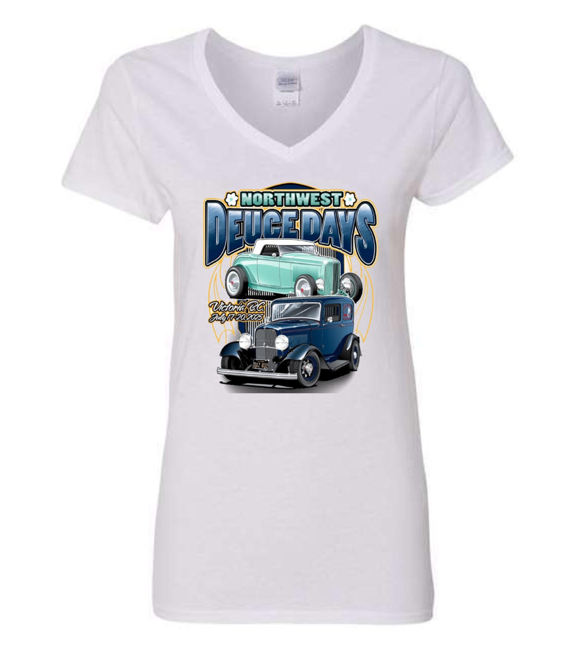 The Women's V-Neck T-shirt for Northwest Deuce Days 2025 in white.